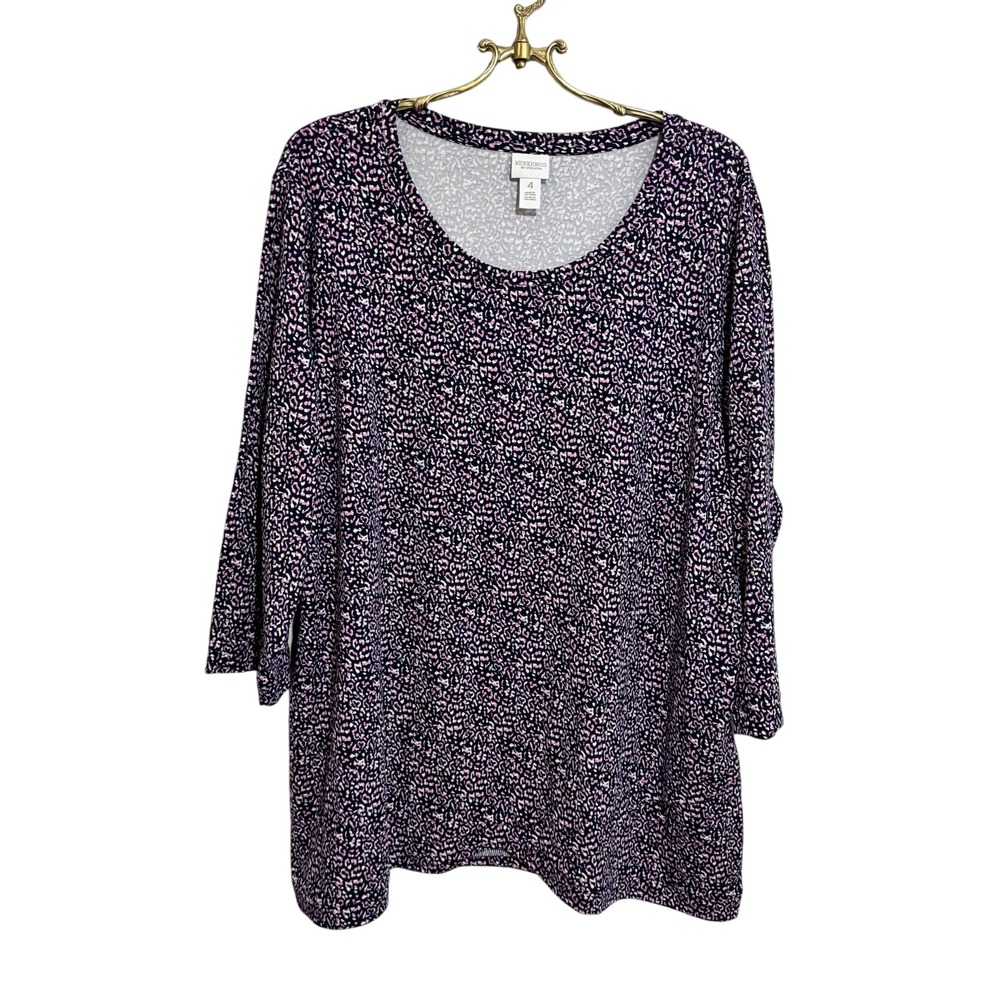 Weekends by Chico's Purple Animal Print 3/4 Sleeve Tunic Top Size 4 XXL 2XL